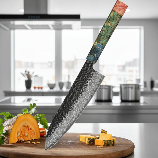 couteau de cuisine en damas martelé haut de gamme