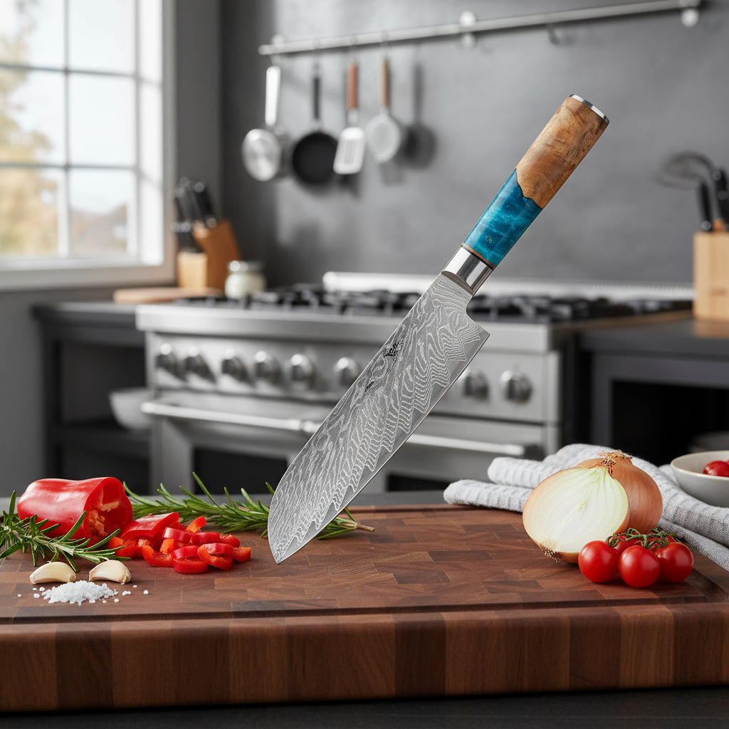 couteau santoku avec lame en acier damas manche bleu bois