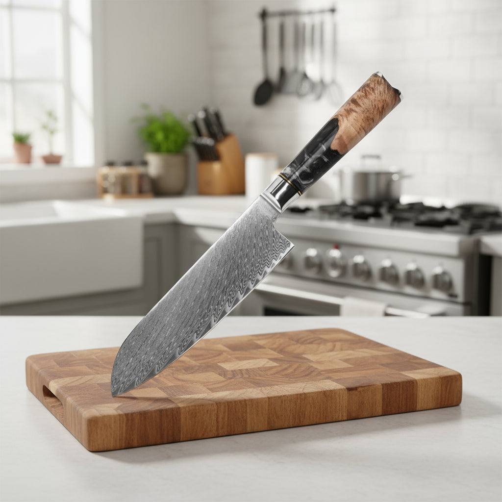 couteau santoku avec lame en acier damas manche noir
