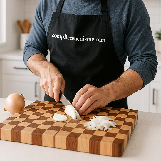 homme coupe oignon sur planche à découper damier
