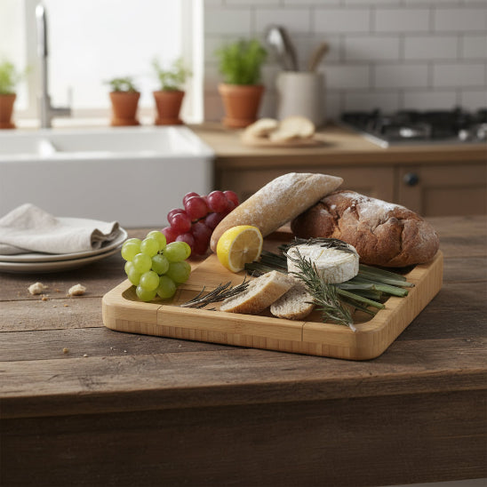 planche à découper bois rempli aliments