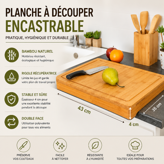 Planche à découper encastrable en bambou 43x35 cm avec rigole récupératrice et épaisseur 4 cm