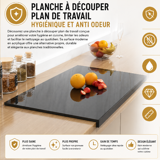 Planche à découper encastrable noire en acrylique sur plan de travail de cuisine moderne avec fruits découpés