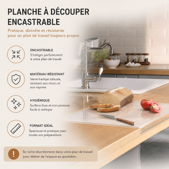 Planche à découper encastrable transparente posée sur un plan de travail en bois dans une cuisine moderne