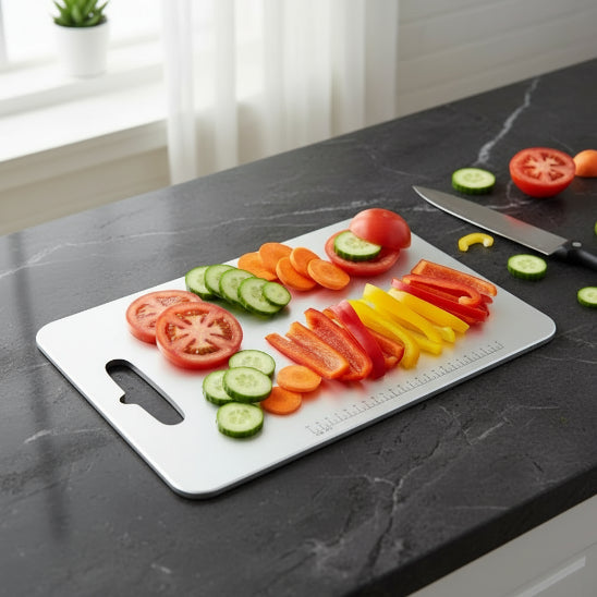 Planche à découper en titane légumes tranchés