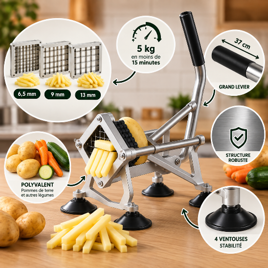 Coupe frite professionnel avec 3 grilles interchangeables de 6,5, 9 et 13 mm, grand levier et système à ventouses