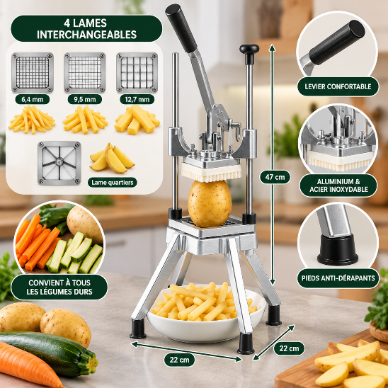 Coupe frite professionnel Frit'Chef Pro avec 4 lames interchangeables de 6,4, 9,5 et 12,7 mm et structure en acier inoxydable