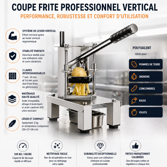 coupe frite professionnel vertical en acier inoxydable avec levier et lames interchangeables