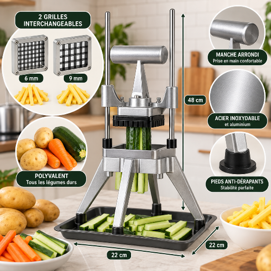 Coupe frites professionnel avec 2 grilles interchangeables de 6 et 9 mm, structure en acier inoxydable et pieds antidérapants