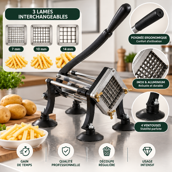 Coupe frites professionnel avec 3 lames interchangeables de 7, 10 et 14 mm, structure en inox et aluminium et 4 ventouses