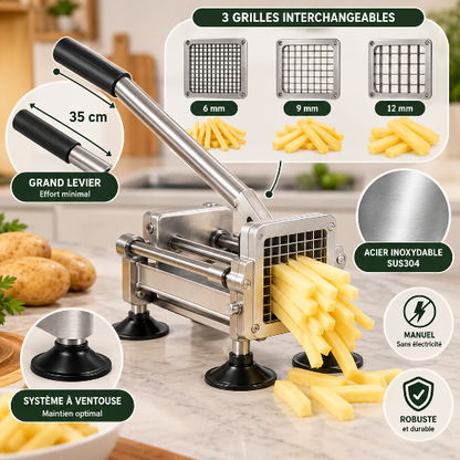 Coupe frites professionnel Frit'Max avec 3 grilles de 6, 9 et 12 mm, acier inoxydable SUS304 et système à ventouse