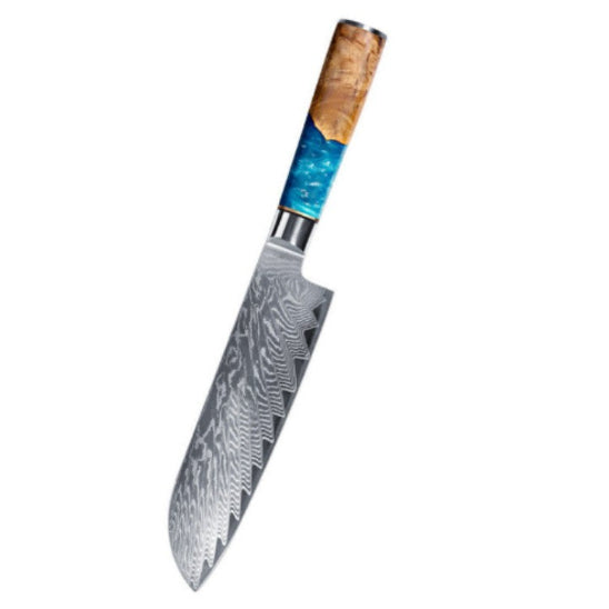 couteau santoku avec lame en acier damas manche bleu bois