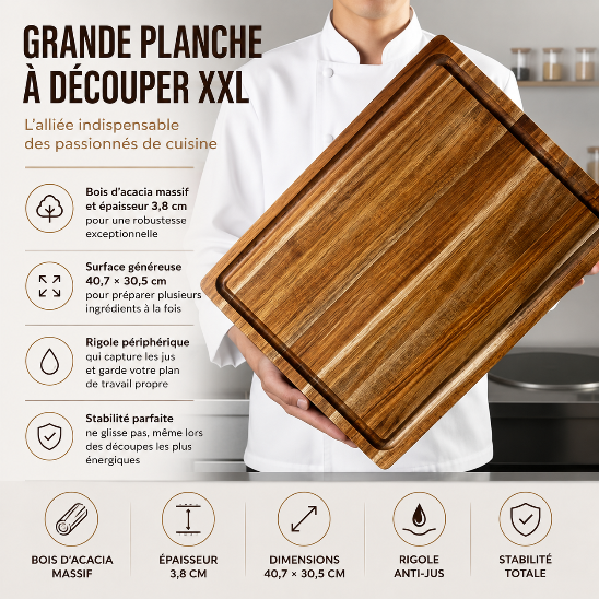 Grande planche à découper XXL en bois d’acacia massif 40,7 x 30,5 cm avec rigole anti-jus et épaisseur de 3,8 cm
