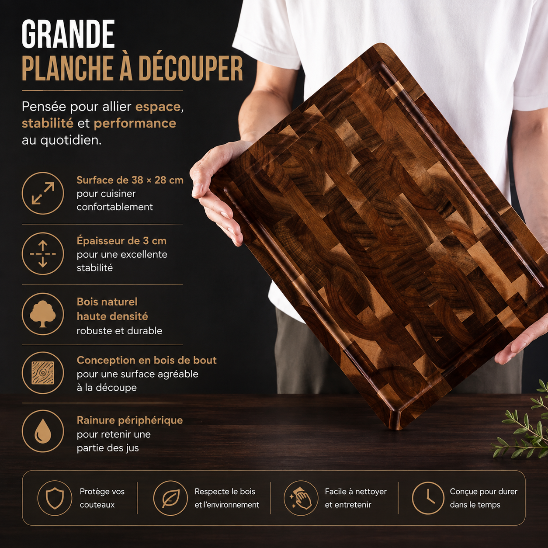 Grande planche à découper en bois de bout 38 x 28 cm, épaisseur 3 cm avec rainure périphérique