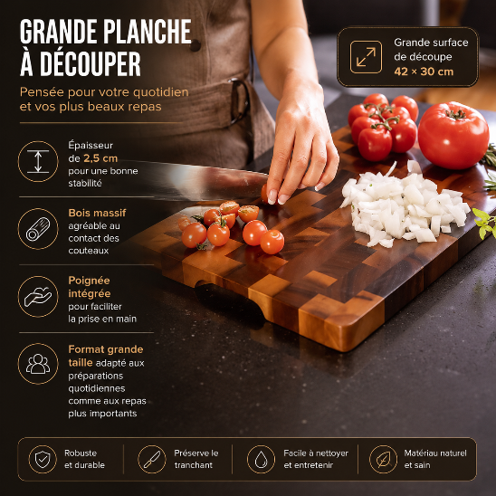 Grande planche à découper en bois massif 42 x 30 cm avec poignée intégrée et épaisseur de 2,5 cm