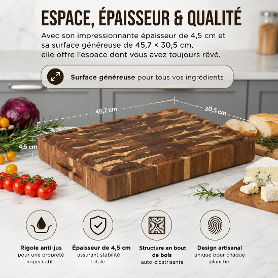 Grande planche à découper bois massif de 45,7 x 30,5 cm et 4,5 cm d’épaisseur avec rigole anti-jus