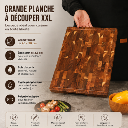 Grande planche à découper bois XXL en acacia 45 x 30 cm, épaisseur 3,5 cm avec rigole et poignée intégrée