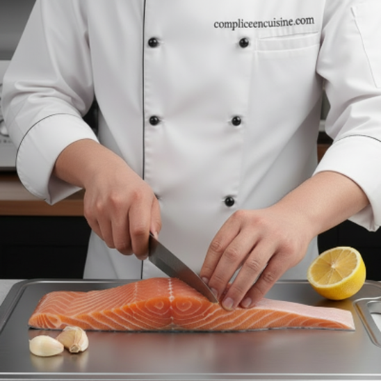 homme coupe du saumon sur planche inox