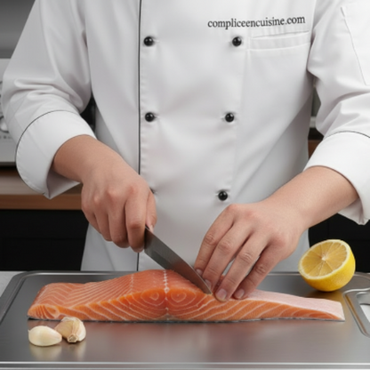 homme coupe du saumon sur planche inox