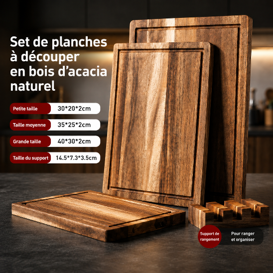 Lot de 3 planches à découper en bois d’acacia naturel avec support de rangement et différentes dimensions.