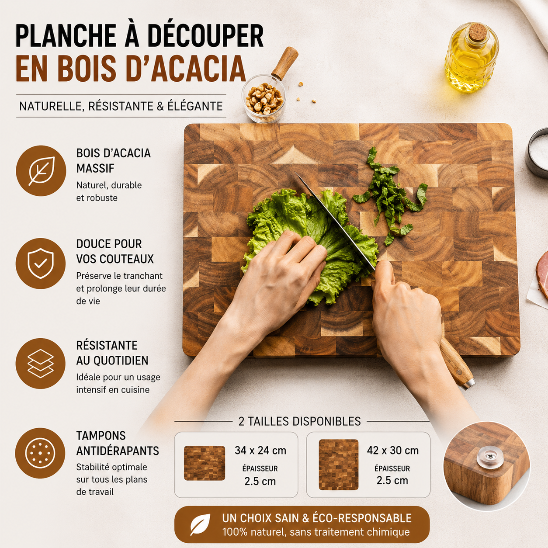Planche à découper en bois d’acacia massif avec tampons antidérapants, disponible en deux tailles