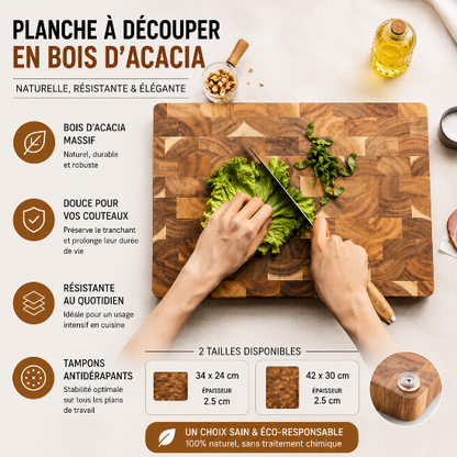 Planche à découper en bois d’acacia massif avec tampons antidérapants, disponible en deux tailles