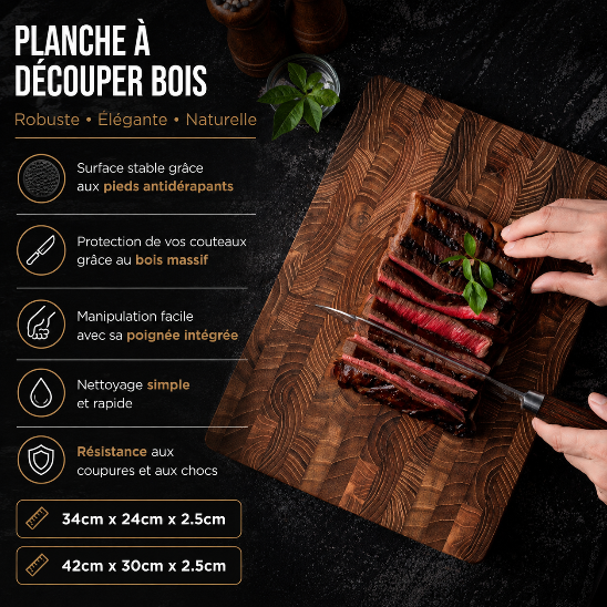 Planche à découper bois massif avec pieds antidérapants, poignée intégrée et dimensions 34 x 24 cm et 42 x 30 cm