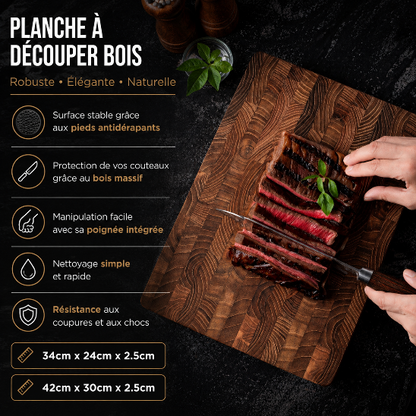 Planche à découper bois massif avec pieds antidérapants, poignée intégrée et dimensions 34 x 24 cm et 42 x 30 cm