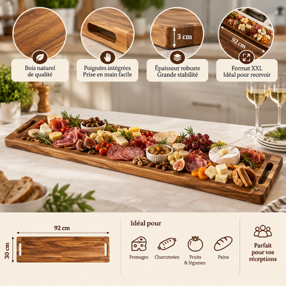 Planche à découper bois XXL de 92 x 30 cm avec poignées intégrées, idéale pour charcuteries, fromages et réceptions