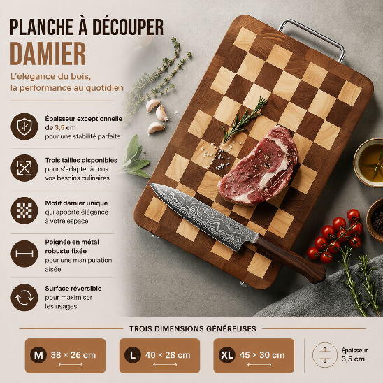 Planche à découper damier en bois épaisseur 3,5 cm avec poignée métal, disponible en 38 x 26, 40 x 28 et 45 x 30 cm