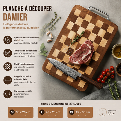 Planche à découper damier en bois épaisseur 3,5 cm avec poignée métal, disponible en 38 x 26, 40 x 28 et 45 x 30 cm