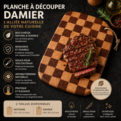 planche à découper damier bois hévéa résistante antibactérienne avec dimensions cuisine