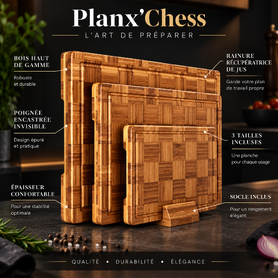 planche à découper damier bois Planx’Chess avec rainure récupératrice de jus