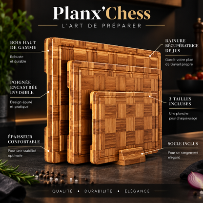 planche à découper damier bois Planx’Chess avec rainure récupératrice de jus