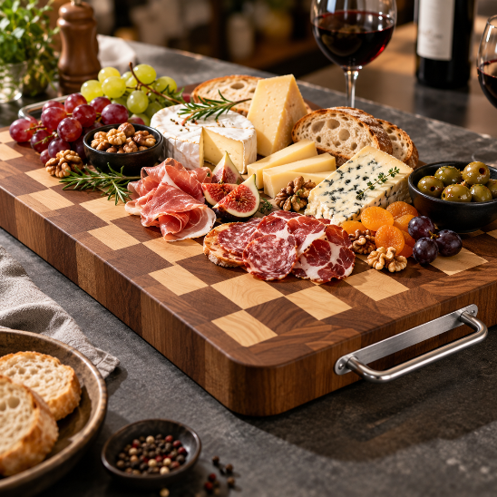 planche à découper damier bois plateau charcuterie fromage