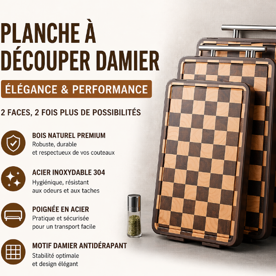 planche à découper damier double face inox bois
