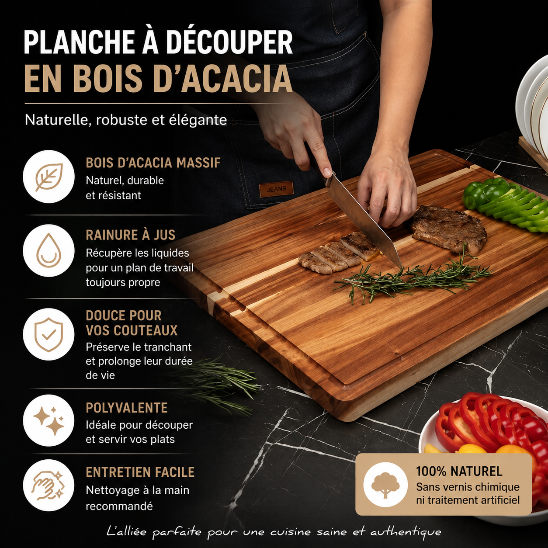 Planche à découper en bois d’acacia massif avec rainure à jus, utilisée pour découper de la viande et préserver le tranchant des couteaux.