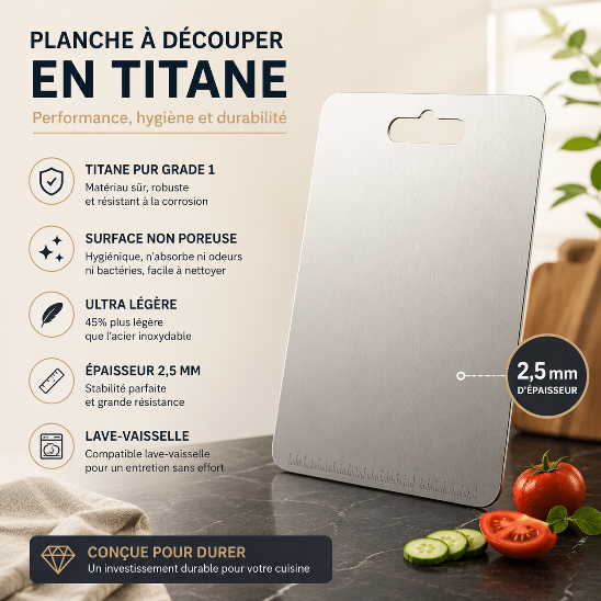Planche à découper en titane 2,5 mm : surface non poreuse, entretien facile, légèreté exceptionnelle et durabilité professionnelle