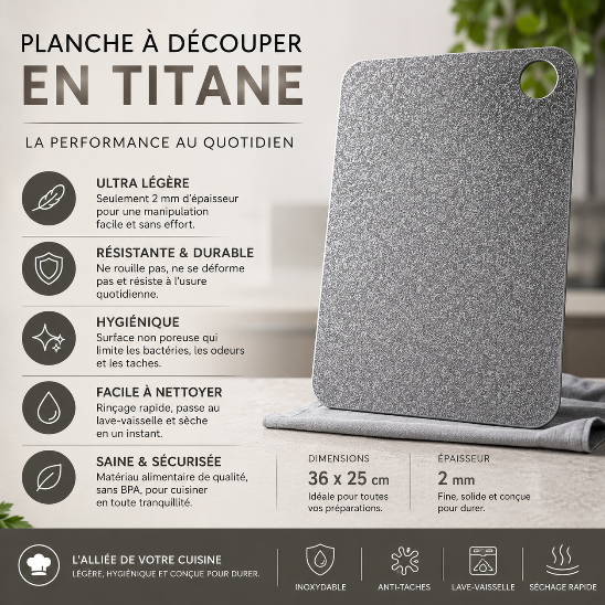 Planche à découper en titane 2 mm d’épaisseur, légère, hygiénique, résistante aux taches et compatible lave-vaisselle