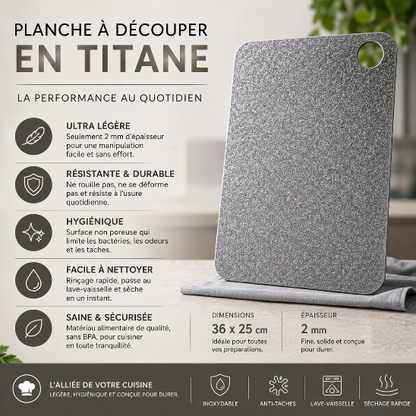 Planche à découper en titane 2 mm d’épaisseur, légère, hygiénique, résistante aux taches et compatible lave-vaisselle
