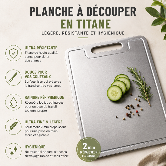 Planche à découper en titane légère et hygiénique avec rainure périphérique et épaisseur de 2 mm