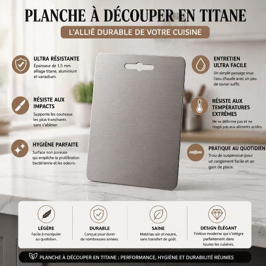 planche à découper en titane haut de gamme avec caractéristiques ultra résistante hygiénique facile à nettoyer cuisine professionnelle