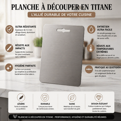 planche à découper en titane haut de gamme avec caractéristiques ultra résistante hygiénique facile à nettoyer cuisine professionnelle