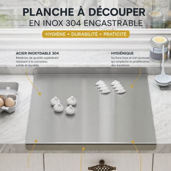 planche à découper encastrable en inox 304 avec rebords