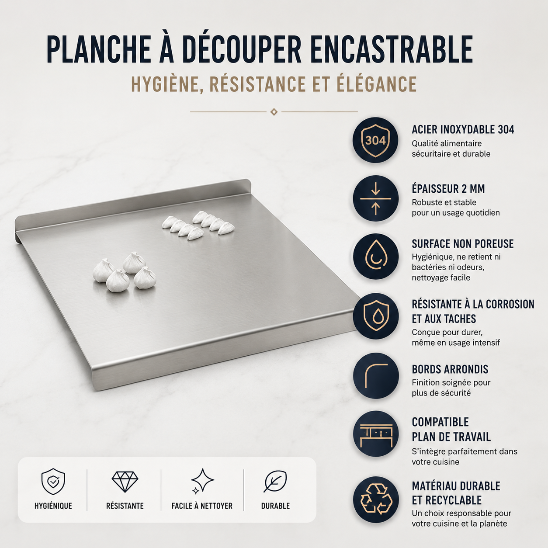 planche à découper encastrable inox 304 caractéristiques hygiène résistance plan de travail cuisine