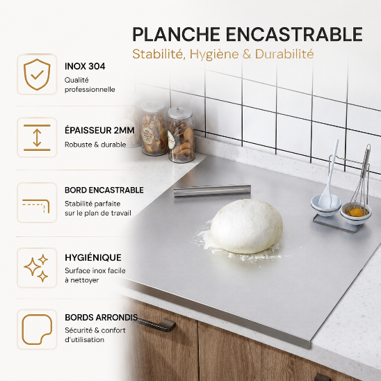 planche à découper encastrable inox 304 épaisseur 2mm plan de travail hygiénique et stable.