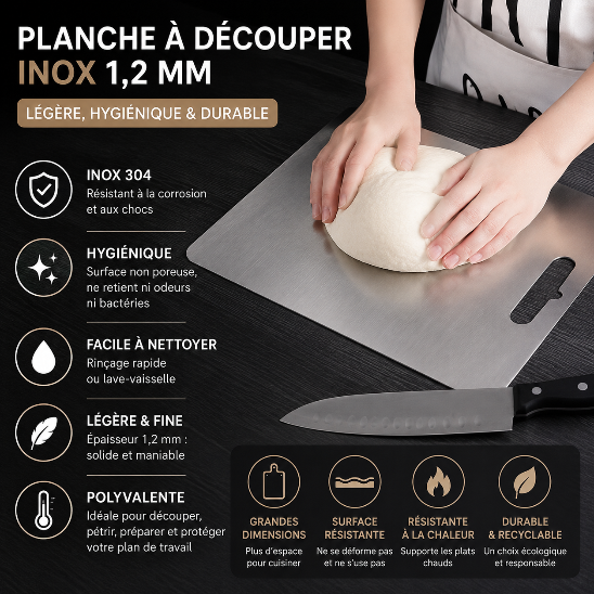Planche à découper inox 1,2 mm avec surface non poreuse en inox 304 idéale pour découper, pétrir et protéger le plan de travail