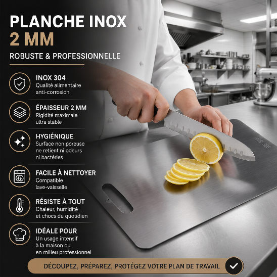 Planche à découper inox professionnelle 2 mm inox 304 surface non poreuse durable et facile à nettoyer