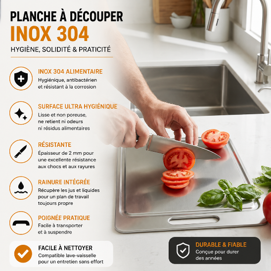Planche à découper inox 304 avec poignée intégrée et rainure récupératrice de jus, utilisée pour découper des tomates fraîches dans une cuisine moderne. Surface hygiénique, résistante aux odeurs et facile à nettoyer.