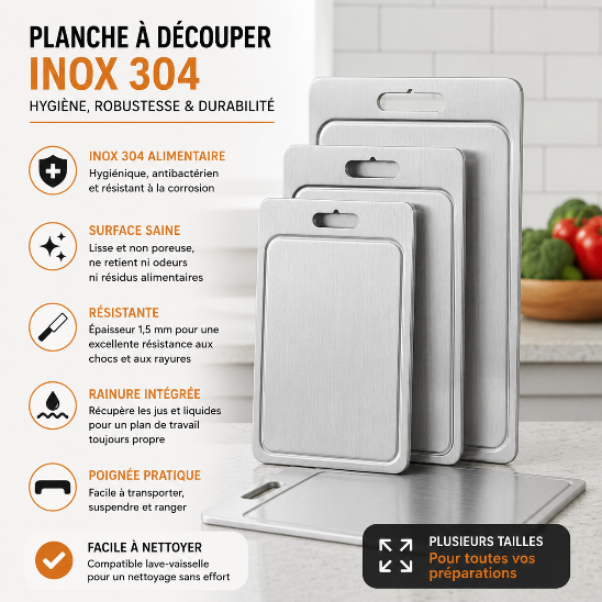 Planche à découper inox 304 avec plusieurs dimensions disponibles, surface hygiénique en acier inoxydable alimentaire, poignée intégrée et rainure récupératrice de jus